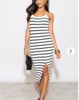 Knitted stripe print with straps design midi bodycon dress in white