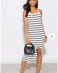 Knitted stripe print with straps design midi bodycon dress in white
