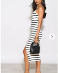 Knitted stripe print with straps design midi bodycon dress in white