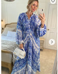 Blue monochrome scarf print pleated long shirt dress