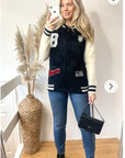 Fluffy cardigan style bomber jacket with patch (BLACK)