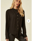 Mandarin Collar Plain color Chiffon Shirt (Black)