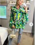 Oversized Long Sleeve Shirt in Green Blue Paisley Scarf print