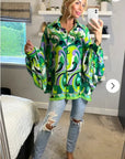 Oversized Long Sleeve Shirt in Green Blue Paisley Scarf print