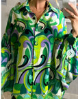 Oversized Long Sleeve Shirt in Green Blue Paisley Scarf print