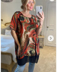 Oversized Short Sleeve Tunic In Orange And Black Abstract Print