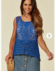 Floral Pattern Blue Crochet Vest Top