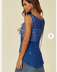 Floral Pattern Blue Crochet Vest Top