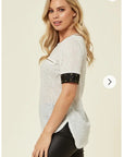 White T Shirt With Faux Leather Trim Sleeves With Stud Design