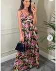 Floral print Chiffon Pleated Bust & Sweetheart Neckline Maxi Dress