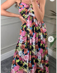 Floral print Chiffon Pleated Bust & Sweetheart Neckline Maxi Dress