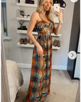 Stripe Print Chiffon Pleated Bust & Sweetheart Neckline Maxi Dress