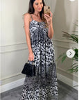 Leopard print Chiffon Pleated Bust & Sweetheart Neckline Maxi Dress
