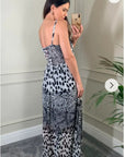 Leopard print Chiffon Pleated Bust & Sweetheart Neckline Maxi Dress
