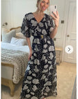 Lady Black Rose Print Chiffon Wrap Maxi Dress