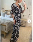 Lady Black Rose Print Chiffon Wrap Maxi Dress