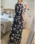 Lady Black Rose Print Chiffon Wrap Maxi Dress