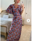 Lady Orange Floral Print Chiffon Wrap Maxi Dress