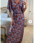 Lady Orange Floral Print Chiffon Wrap Maxi Dress
