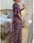 Lady Orange Floral Print Chiffon Wrap Maxi Dress