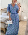 Lady Blue Floral Print Chiffon Wrap Maxi Dress
