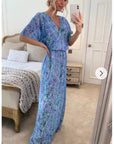 Lady Blue Floral Print Chiffon Wrap Maxi Dress