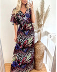 Lady Purple Leopard Print Chiffon Wrap Maxi Dress