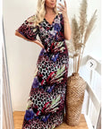 Lady Purple Leopard Print Chiffon Wrap Maxi Dress