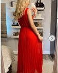 Chiffon pleated full length wedding maxi dress (Red)
