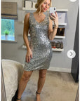 Plain color sequin V neck dress (Sliver)