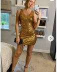 Plain color sequin V neck dress (Gold)