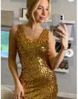 Plain color sequin V neck dress (Gold)