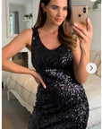 Plain color sequin V neck dress (Black)