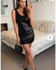 Plain color sequin V neck dress (Black)
