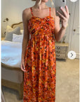 Strappy Sweatheart Maxi Dress In Rose Orange Print
