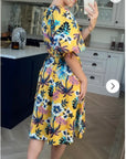 Oversized puff sleeve midi dress in COCONUT TREE Print