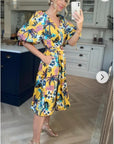 Oversized puff sleeve midi dress in COCONUT TREE Print