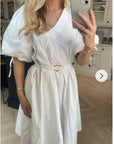 Oversized puff sleeve midi dress in White