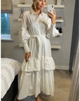 Puff sleeve shirt dress with tiered hem skirt in white