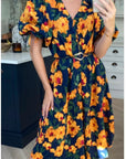 Oversized puff sleeve midi dress in Yellow Floral Print
