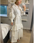 Puff sleeve shirt dress with tiered hem skirt in white