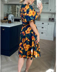 Oversized puff sleeve midi dress in Yellow Floral Print