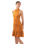 High Neck Pleated Metallic Bodycon Dress Knee Length In Gold