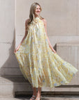 Multi floral print Organza feeling Halter neck maxi dress in yellow