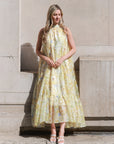 Multi floral print Organza feeling Halter neck maxi dress in yellow