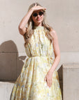 Multi floral print Organza feeling Halter neck maxi dress in yellow