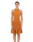 High Neck Pleated Metallic Bodycon Dress Knee Length In Gold