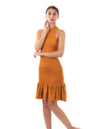 High Neck Pleated Metallic Bodycon Dress Knee Length In Gold