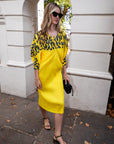 Yellow Leopard print color blocking Print Pleated Dress in Kimono sleeves