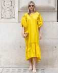Oversized Puff Sleeves ruffle hem design Maxi dress in Yellow